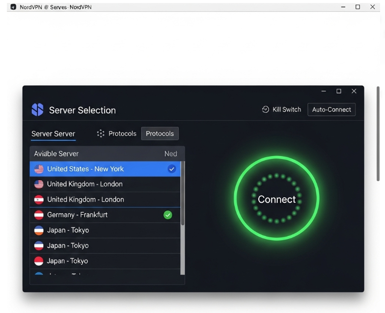NordVPN의 설정 화면을 보여주며, 서버 선택과 연결 버튼이 강조된 이미지