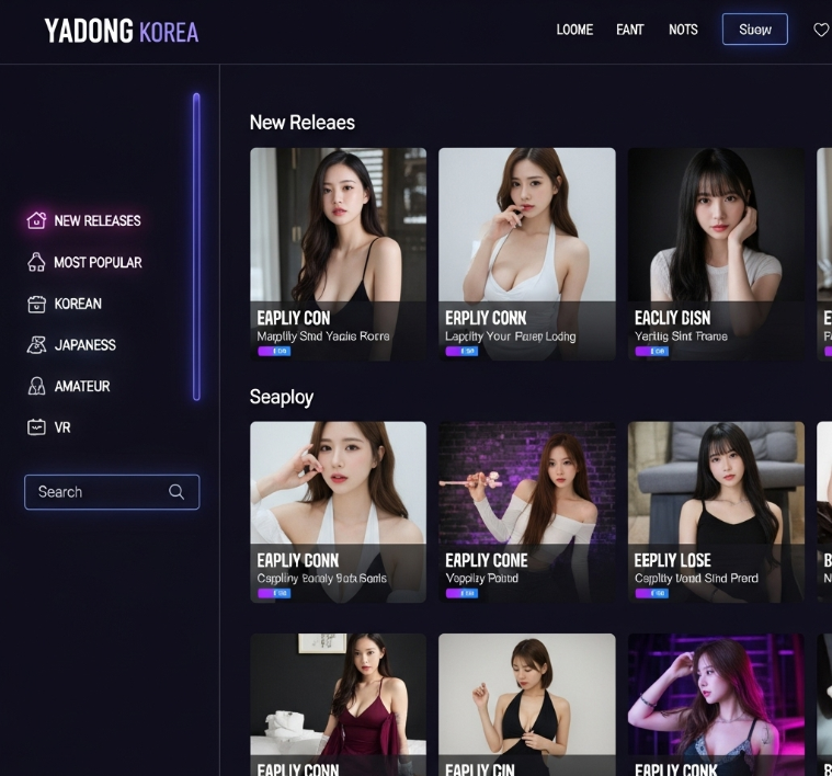 야동코리아 메인 페이지 스크린샷. 깔끔한 UI, 직관적인 카테고리, 화려한 썸네일로 사용자 친화적 인터페이스를 강조. 어두운 배경에 네온 포인트로 현대적 분위기 연출.
