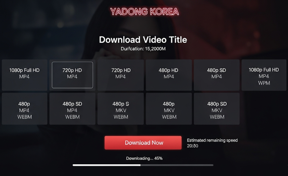 야동코리아 다운로드 화면. 다운로드 버튼과 진행 바가 포함된 UI.