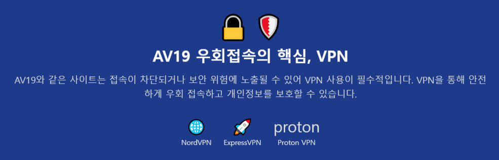 다양한 VPN 서비스 아이콘과 함께 'AV19 우회접속의 핵심, VPN'이라는 제목을 넣어 사용자들이 VPN의 중요성을 인지.