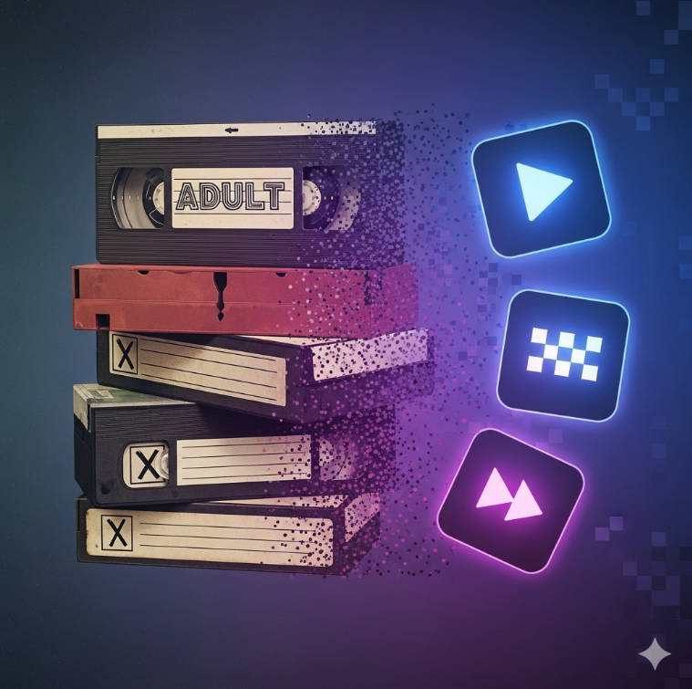 1980~90년대 VHS 테이프와 현대적인 스트리밍 플랫폼 아이콘을 조합한 빈티지와 모던함이 어우러진 이미지. 1980~90년대 VHS 테이프와 현대적인 스트리밍 플랫폼 아이콘을 조합한 빈티지와 모던함이 어우러진 이미지.