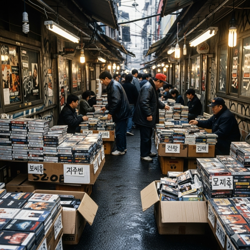 1990년대 청계천의 불법 비디오 시장을 묘사한 사진. 좁은 골목에 늘어선 노점상과 VHS 테이프 더미가 보이며, 당시 불법 영상 유통의 중심지였던 분위기를 전달한다.