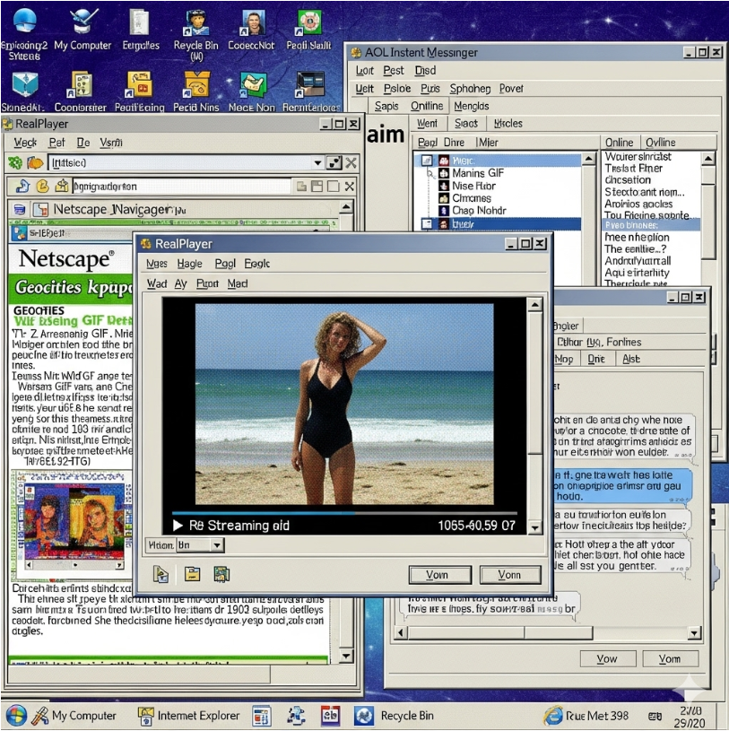 1990년대 후반 PC통신망의 인터페이스를 보여주는 스크린샷. 당시 리얼플레이어로 불법 영상이 재생되는 모습이나 초기 인터넷 환경을 연상시키는 이미지.