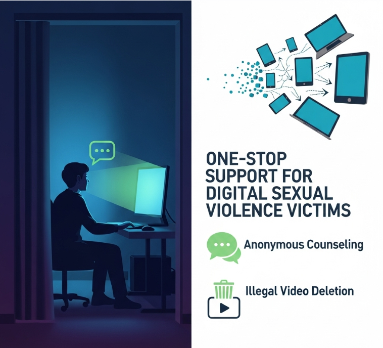 디지털 성범죄 피해자 지원을 위한 원스톱 지원센터의 홍보 포스터. 피해자 익명 상담과 불법 영상 삭제 서비스를 강조하는 이미지.