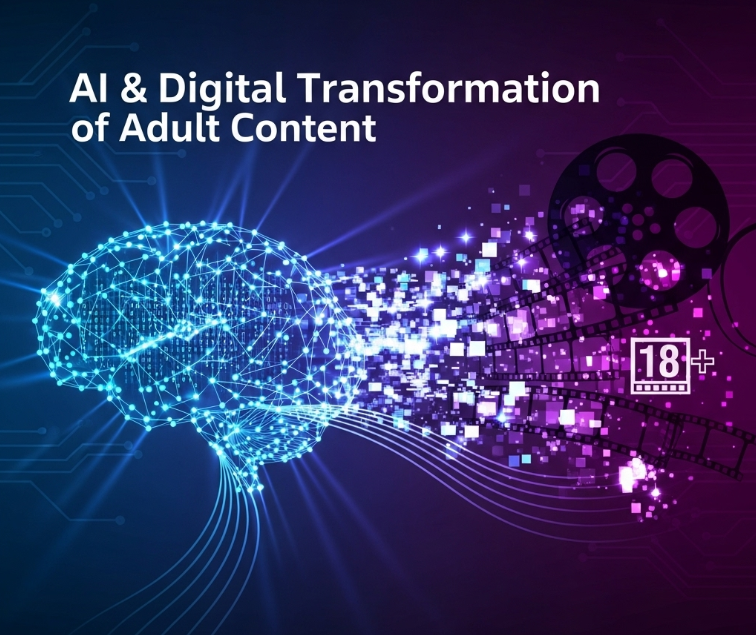AI 기술과 노모 콘텐츠의 관계를 상징하는 이미지. AI 알고리즘 그래픽과 성인 콘텐츠의 디지털 전환을 보여주는 이미지.