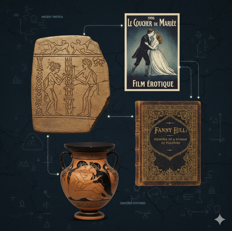 어두운 배경에 기원전 수메르 점토판 성행위 조각, 그리스 흑도기 에로틱 장면, 18세기 퍼니힐 책 표지, 1896년 포르노 영화 포스터가 콜라주된 인포그래프 스타일 이미지. 어두운 배경에 기원전 수메르 점토판 성행위 조각, 그리스 흑도기 에로틱 장면, 18세기 퍼니힐 책 표지, 1896년 포르노 영화 포스터가 콜라주된 인포그래프 스타일 이미지.