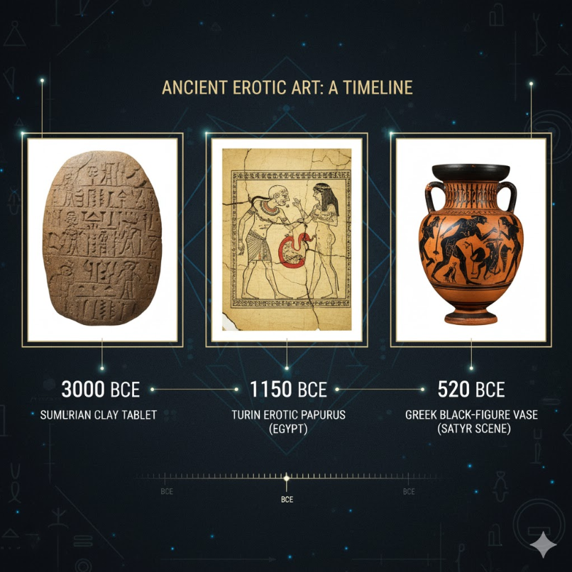 기원전 3000년 수메르 점토판, 이집트 투리스 파피루스 일부, 그리스 흑도기 사티로스 장면이 나란히 배치된 타임라인 스타일 인포그래프. 기원전 3000년 수메르 점토판, 이집트 투리스 파피루스 일부, 그리스 흑도기 사티로스 장면이 나란히 배치된 타임라인 스타일 인포그래프.