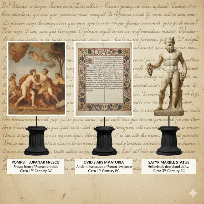 폼페이 루푸나레 벽화 실물 사진, 오비디우스 폼페이 루푸나레 벽화 실물 사진, 오비디우스 "사랑의 기술" 고대 사본, 사티로스 대리석상이 나란히 배치된 콜라주.
