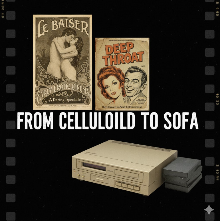 1896년 포르노 영화 포스터 복원본, 1972년 딥 쓰롯 VHS 커버, 1980년대 가정 비디오 플레이어 사진 콜라주. 1896년 포르노 영화 포스터 복원본, 1972년 딥 쓰롯 VHS 커버, 1980년대 가정 비디오 플레이어 사진 콜라주.