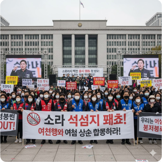 시위 현장 재현: 국회의사당으로 보이는 건물 앞 광장에서 수많은 시민과 시민단체 회원들이 모여 '소라넷 폐쇄'를 강력히 촉구하는 집회 현장을 보여줍니다.