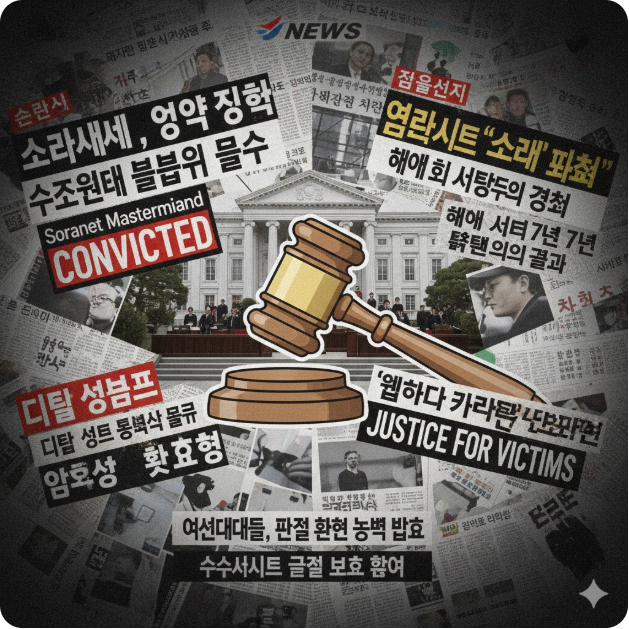 뉴스 및 판결: 세 번째 이미지는 운영자 재판 소식을 다룬 뉴스 헤드라인 모음입니다. 법원의 가처분과 'CONVICTED(유죄)' 문구를 통해 사법적 단죄가 내려지는 과정을 강조합니다.