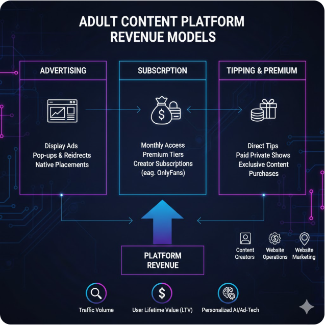 광고(Advertising): 대형 튜브 사이트의 전통적인 수익원으로, 배너, 팝업, 네이티브 광고를 통해 막대한 트래픽을 수익화합니다.