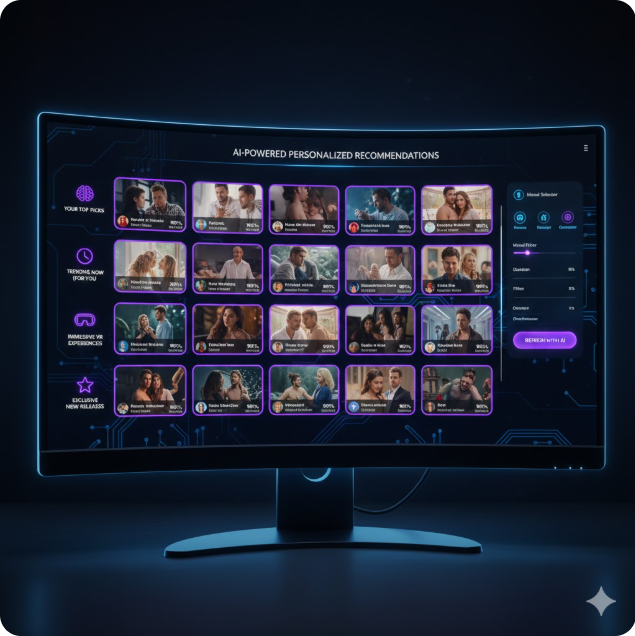 다양한 카테고리: 좌측 메뉴에는 'Top Picks', 'Trending Now', 'Immersive VR Experiences' 등의 항목이 있어, 일반 영상부터 최신 VR 콘텐츠까지 체계적으로 분류되어 있음을 알 수 있습니다.