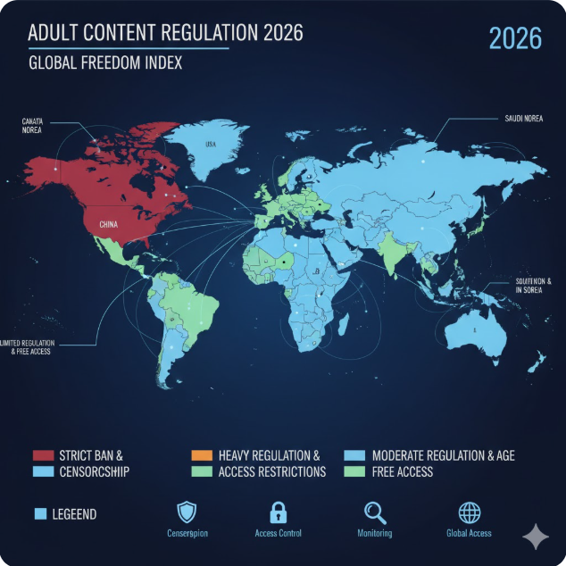 엄격한 금지 및 검열 (빨간색): 중국과 중동 일부 국가를 포함한 지역으로, 성인 콘텐츠의 생산과 유통, 시청이 법적으로 엄격히 금지되어 있습니다.
