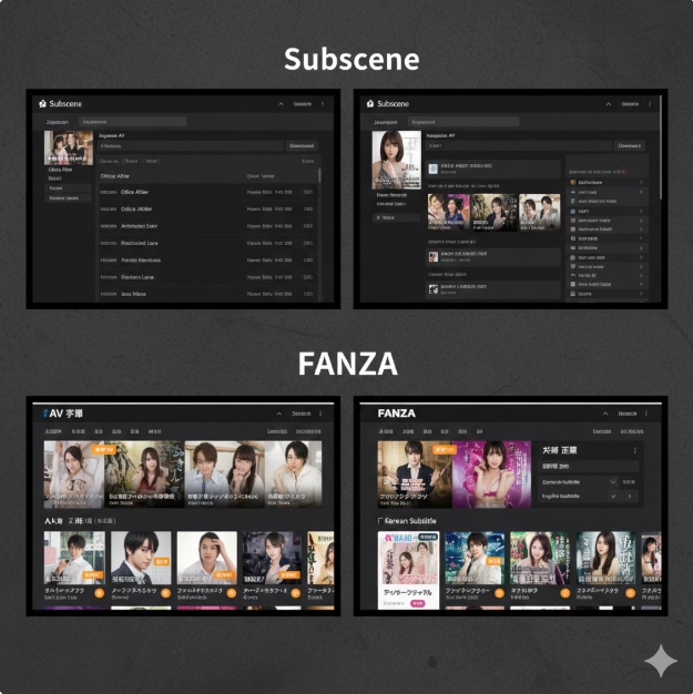 첫 번째 콜라주(Subscene, FANZA)는 자막을 검색하고 배포하는 플랫폼의 인터페이스를 담고 있습니다. 글로벌 자막 공유 사이트인 Subscene과 일본 최대 콘텐츠 플랫폼인 FANZA의 레이아웃을 통해, 사용자들이 원하는 작품의 자막 데이터를 어떻게 찾고 관리하는지 보여줍니다.