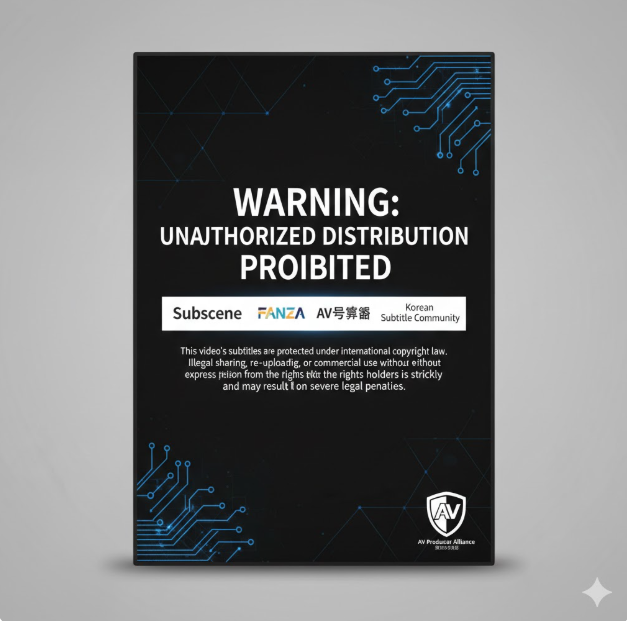 어두운 배경에 회로 기판 패턴과 방패 모양의 AV 제작사 연합(AV Producer Alliance) 로고를 사용해 전문성과 신뢰감을 주며, 자막 제작자의 권리를 보호하려는 산업계의 노력을 시각적으로 잘 나타내고 있습니다.