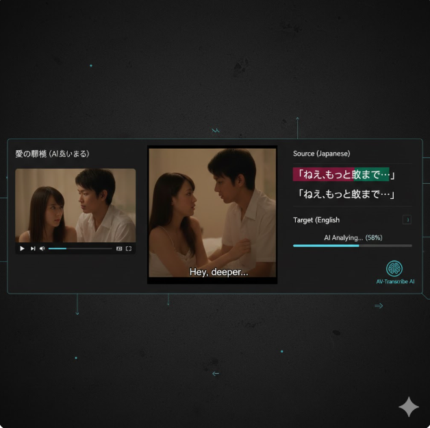 특히 영상 하단에 입혀진 "Hey, deeper..."와 같은 자막 예시는 AI가 단순히 단어를 치환하는 것을 넘어, 상황에 맞는 자연스러운 번역을 수행하고 있음을 암시합니다. 이 그림은 번거로운 수동 작업 대신 AI 툴을 통해 자막 제작의 효율성이 극대화되는 현대적인 제작 환경을 잘 묘사하고 있습니다.