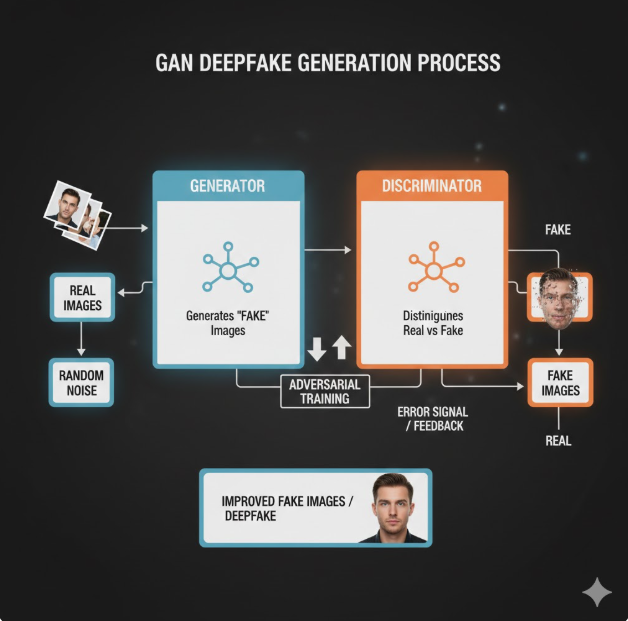 생성자(Generator): 실제 데이터와 무작위 노이즈를 입력받아 최대한 정교한 '가짜' 이미지를 만들어냅니다. 생성자(Generator): 실제 데이터와 무작위 노이즈를 입력받아 최대한 정교한 '가짜' 이미지를 만들어냅니다.