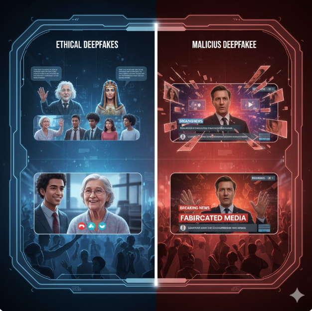 범죄 악용 (Malicious Deepfakes): 오른쪽 붉은색 영역은 기술의 위험성을 경고합니다. '조작된 미디어(Fabricated Media)'라는 문구와 함께 가짜 뉴스를 생성하여 사회적 혼란을 야기하거나 개인을 공격하는 모습을 보여줍니다. 범죄 악용 (Malicious Deepfakes): 오른쪽 붉은색 영역은 기술의 위험성을 경고합니다. '조작된 미디어(Fabricated Media)'라는 문구와 함께 가짜 뉴스를 생성하여 사회적 혼란을 야기하거나 개인을 공격하는 모습을 보여줍니다.