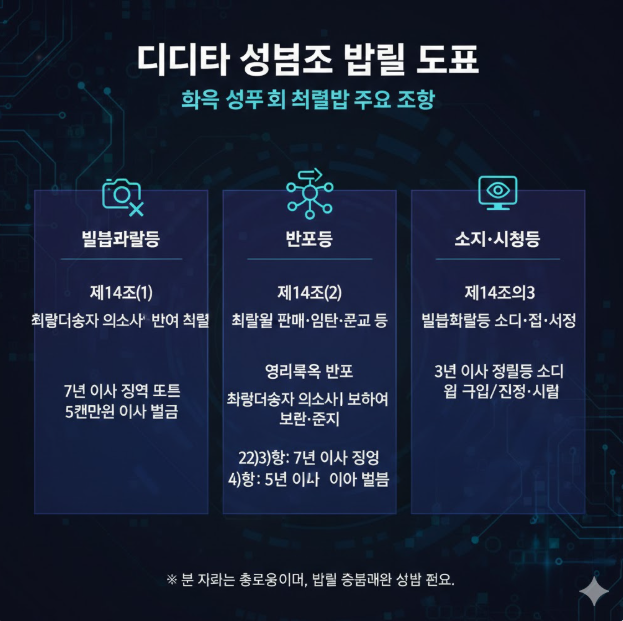 법률 도표 (성폭력처벌법): 한국 특례법상의 주요 처벌 조항을 세 가지 카테고리로 분류하고 있습니다. 카메라 등을 이용한 촬영(제14조 1항), 불법 촬영물 등의 반포(제14조 2항), 그리고 소지·시청(제14조의 3)에 대한 처벌 수위를 명시하고 있습니다.