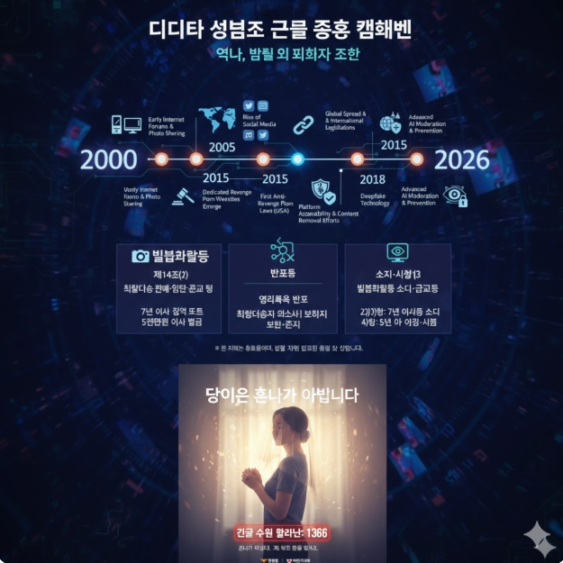 역사적 변천사: 2000년대 초기 인터넷 포럼을 통한 유포부터 2015년 전문 사이트의 등장, 2018년 딥페이크 기술의 위협을 거쳐 2026년 고도화된 AI 기반 모니터링 및 방지 기술 도입까지의 과정을 타임라인으로 보여줍니다.