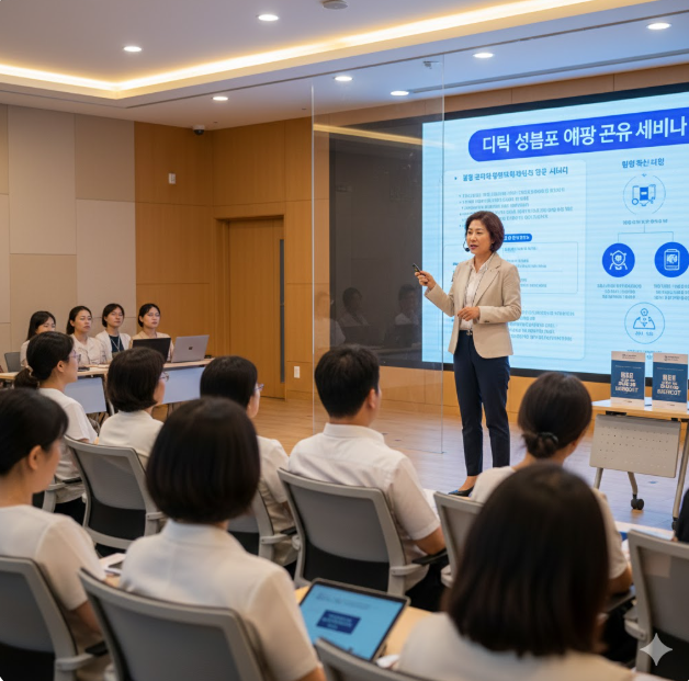 세미나 현장: 전문 강연자가 청중들을 대상으로 디지털 성범죄의 위험성과 예방책을 설명하는 교육 세미나의 모습을 보여줍니다. 청중들은 강연에 집중하며 사회적 문제에 대한 인식을 높이고 있습니다.