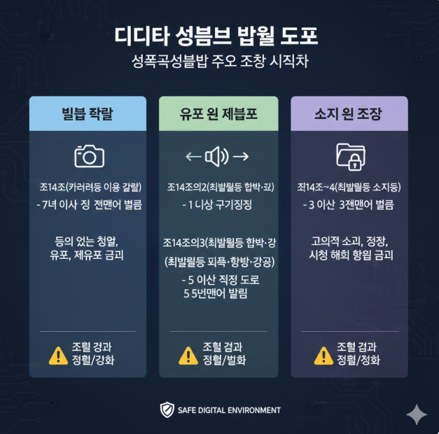 소지 및 시청: 불법 제작물을 소지하거나 시청하는 행위 또한 처벌 대상임을 경고 아이콘과 함께 시각화하여 범죄 예방 메시지를 전달합니다. 소지 및 시청: 불법 제작물을 소지하거나 시청하는 행위 또한 처벌 대상임을 경고 아이콘과 함께 시각화하여 범죄 예방 메시지를 전달합니다.