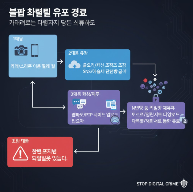 유포 단계: 카메라나 스마트폰을 이용한 초기 촬영에서 시작하여, 클라우드 및 SNS 단체방 공유를 거칩니다. 이후 웹하드, P2P 사이트 업로드를 통해 불특정 다수에게 확산되며, 최종적으로는 다크웹이나 해외 서버를 통해 은밀하게 유통되는 경로를 보여줍니다. 유포 단계: 카메라나 스마트폰을 이용한 초기 촬영에서 시작하여, 클라우드 및 SNS 단체방 공유를 거칩니다. 이후 웹하드, P2P 사이트 업로드를 통해 불특정 다수에게 확산되며, 최종적으로는 다크웹이나 해외 서버를 통해 은밀하게 유통되는 경로를 보여줍니다.