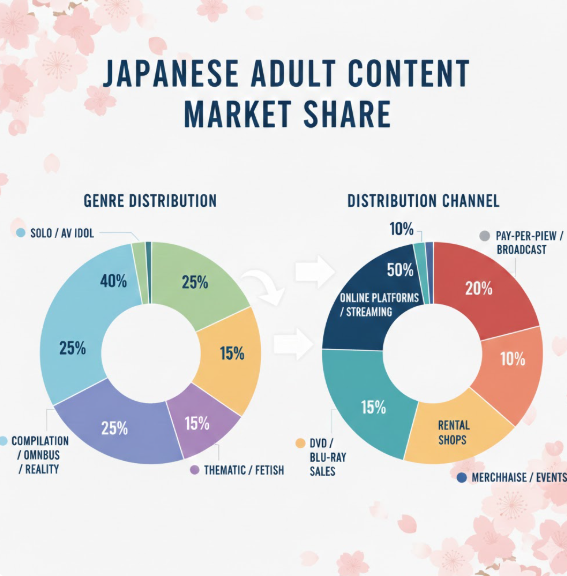 장르 분배: 솔로/AV 아이돌(40%)이 가장 큰 비중을 차지하며, 옴니버스(25%)와 페티시 등 테마형(15%)이 뒤를 잇습니다. 장르 분배: 솔로/AV 아이돌(40%)이 가장 큰 비중을 차지하며, 옴니버스(25%)와 페티시 등 테마형(15%)이 뒤를 잇습니다.