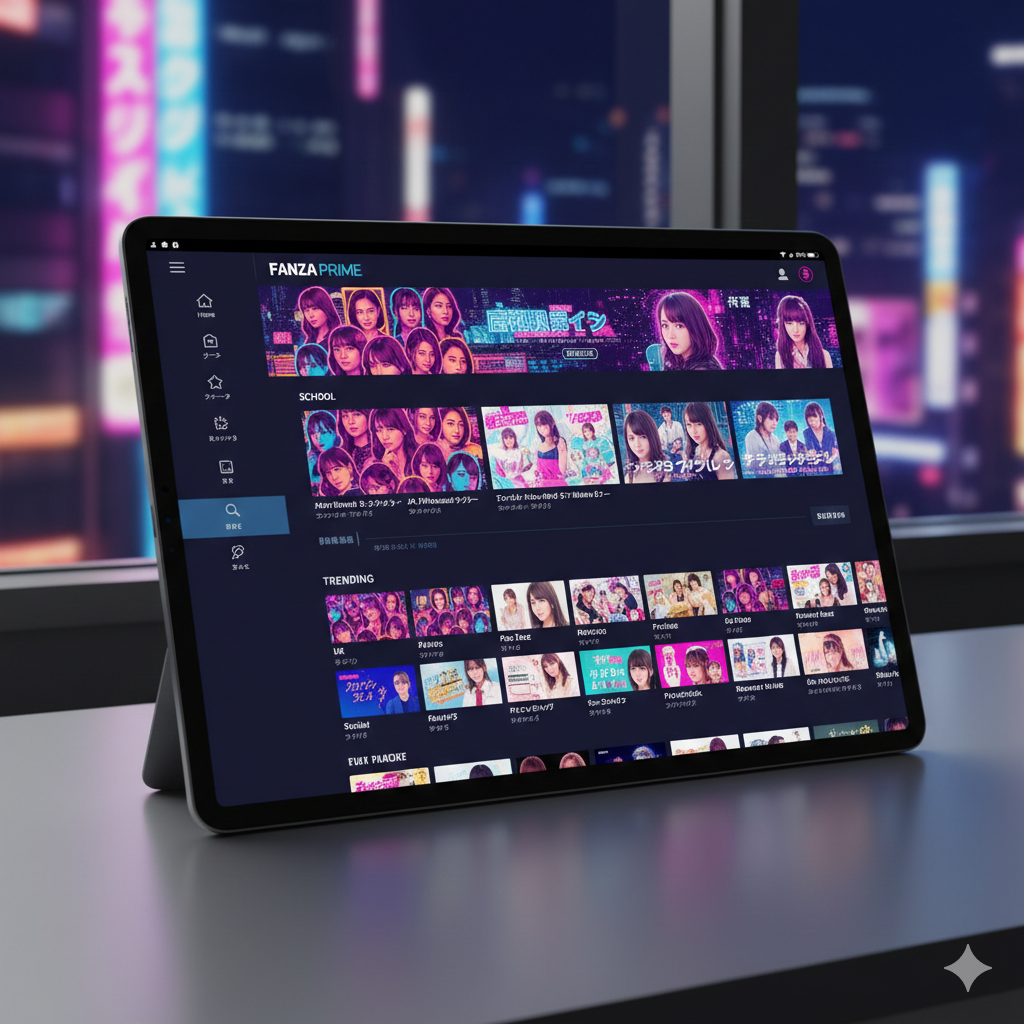 사용자 인터페이스(UI): 태블릿 화면 속의 정돈된 카테고리와 썸네일 배열은 FANZA나 DMM과 같은 대형 플랫폼의 전문적인 시스템을 연상시킵니다. 이는 소비자가 방대한 콘텐츠 속에서 자신의 취향에 맞는 '장르'와 '배우'를 손쉽게 탐색할 수 있는 고도화된 큐레이션 환경을 상징합니다. 사용자 인터페이스(UI): 태블릿 화면 속의 정돈된 카테고리와 썸네일 배열은 FANZA나 DMM과 같은 대형 플랫폼의 전문적인 시스템을 연상시킵니다. 이는 소비자가 방대한 콘텐츠 속에서 자신의 취향에 맞는 '장르'와 '배우'를 손쉽게 탐색할 수 있는 고도화된 큐레이션 환경을 상징합니다.