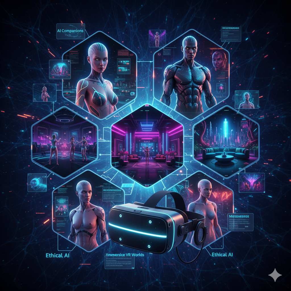 AI 아바타, 메타버스, 몰입형 가상현실이 결합된 고도의 디지털 엔터테인먼트로 진화한 2026년 현재의 모습을 상징적으로 표현합니다. AI 아바타, 메타버스, 몰입형 가상현실이 결합된 고도의 디지털 엔터테인먼트로 진화한 2026년 현재의 모습을 상징적으로 표현합니다.