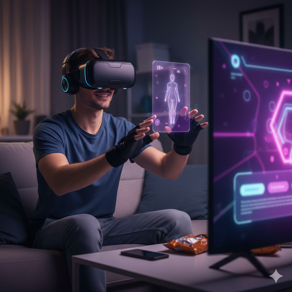 VR 헤드셋을 착용하고 가상 환경에서 콘텐츠를 소비하는 모습을 통해 2026년 현재 인공지능(AI)과 가상현실(VR)이 결합된 고도의 몰입형 시장으로 진화했음을 보여줍니다. VR 헤드셋을 착용하고 가상 환경에서 콘텐츠를 소비하는 모습을 통해 2026년 현재 인공지능(AI)과 가상현실(VR)이 결합된 고도의 몰입형 시장으로 진화했음을 보여줍니다.