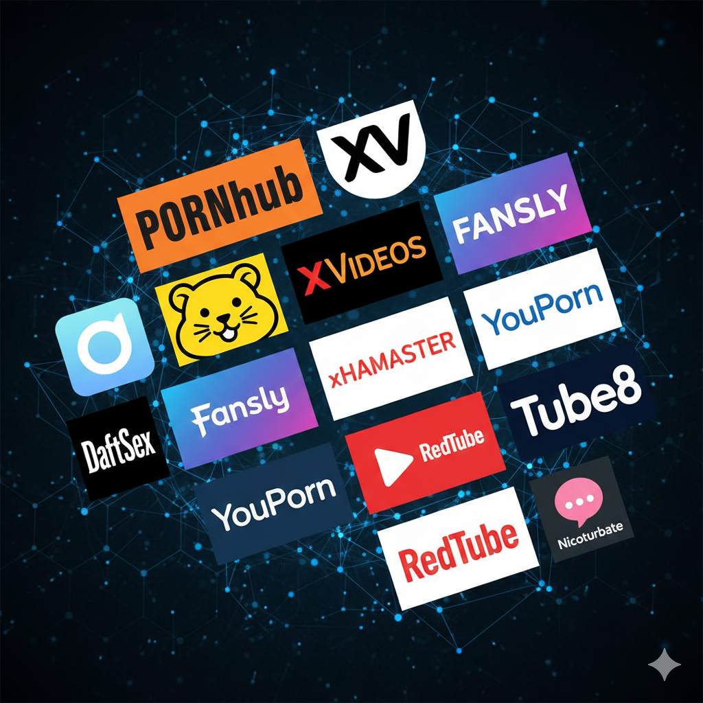 다양한 플랫폼 구성: Pornhub, XVideos, xHamster와 같은 전통적인 튜브형 사이트부터 OnlyFans, Fansly 등 크리에이터 중심의 최신 플랫폼까지 시장의 변화를 보여주는 로고들이 포함되어 있습니다. 다양한 플랫폼 구성: Pornhub, XVideos, xHamster와 같은 전통적인 튜브형 사이트부터 OnlyFans, Fansly 등 크리에이터 중심의 최신 플랫폼까지 시장의 변화를 보여주는 로고들이 포함되어 있습니다.