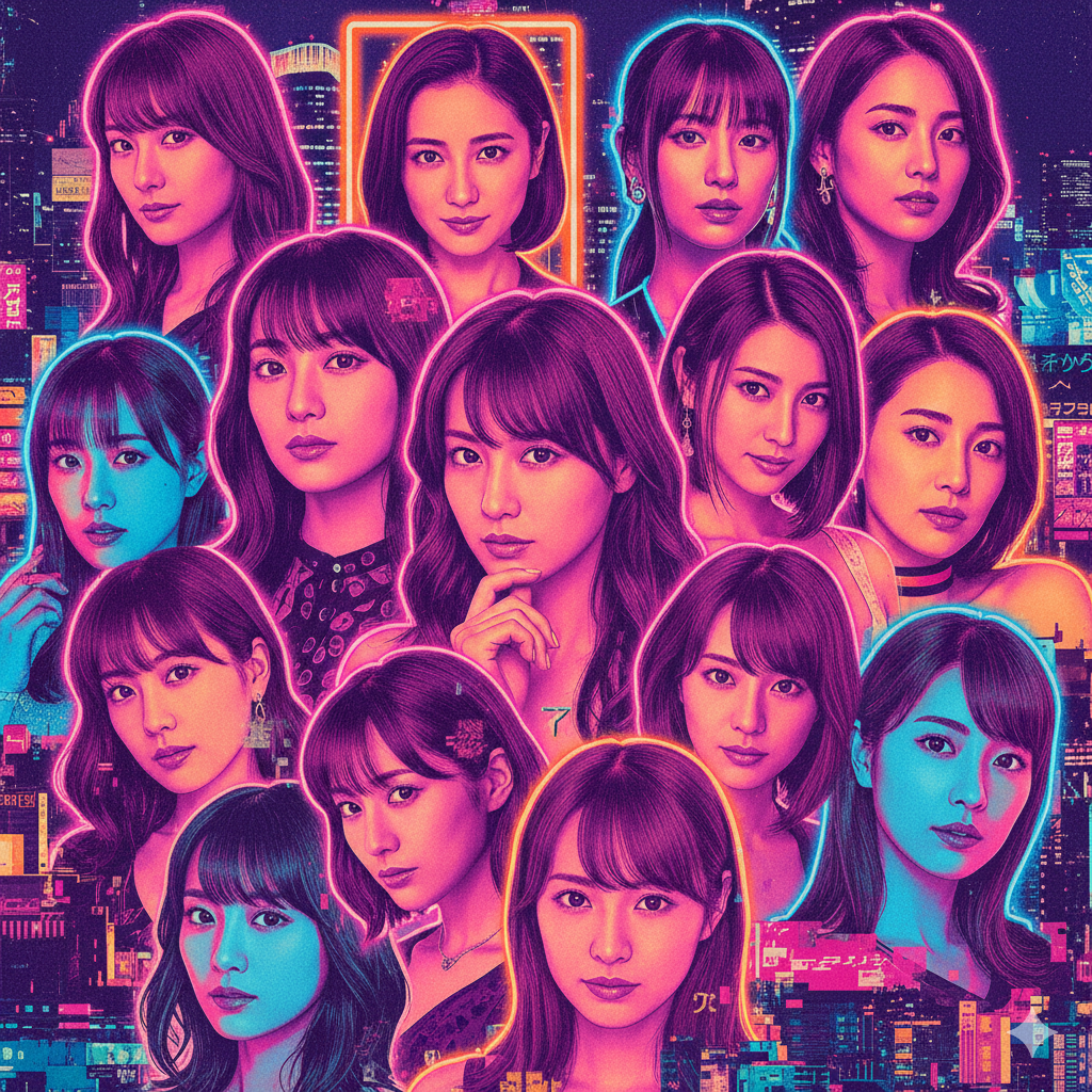 스타덤과 선망의 이미지: 배우들의 프로필 사진을 모은 두 번째 콜라주는 일본 AV 여배우들이 단순한 출연자를 넘어 '아이돌'이나 '배우(Joyu)'로서 팬덤을 형성하고 대중문화에 영향을 미치는 현상을 반영합니다. 각 인물을 감싸는 네온 후광은 그들이 지닌 상업적 스타성을 극대화합니다. 스타덤과 선망의 이미지: 배우들의 프로필 사진을 모은 두 번째 콜라주는 일본 AV 여배우들이 단순한 출연자를 넘어 '아이돌'이나 '배우(Joyu)'로서 팬덤을 형성하고 대중문화에 영향을 미치는 현상을 반영합니다. 각 인물을 감싸는 네온 후광은 그들이 지닌 상업적 스타성을 극대화합니다.