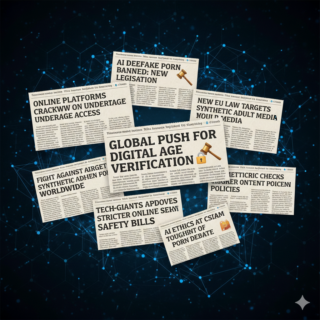 AI 딥페이크 금지, 연령 인증 강화, 디지털 안전 법안 등 최근의 주요 뉴스 헤드라인을 콜라주하여, 산업이 직면한 윤리적 쟁점과 강력해진 법적 규제 흐름을 조명합니다. AI 딥페이크 금지, 연령 인증 강화, 디지털 안전 법안 등 최근의 주요 뉴스 헤드라인을 콜라주하여, 산업이 직면한 윤리적 쟁점과 강력해진 법적 규제 흐름을 조명합니다.