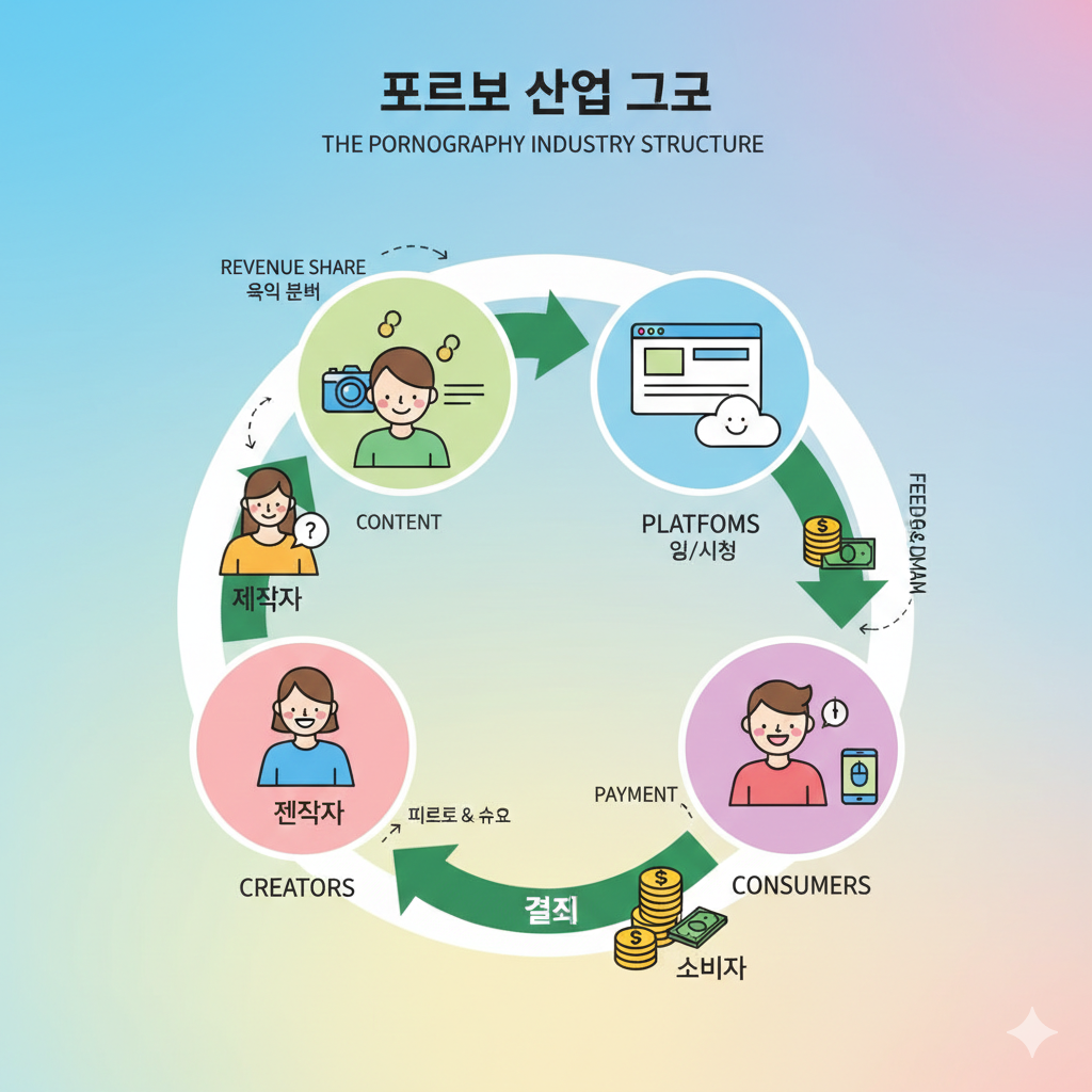 산업의 순환 구조: 제작자(Creators), 콘텐츠(Content), 플랫폼(Platforms), 소비자(Consumers) 네 가지 핵심 요소가 화살표로 연결되어 상호작용하는 과정을 보여줍니다. 산업의 순환 구조: 제작자(Creators), 콘텐츠(Content), 플랫폼(Platforms), 소비자(Consumers) 네 가지 핵심 요소가 화살표로 연결되어 상호작용하는 과정을 보여줍니다.