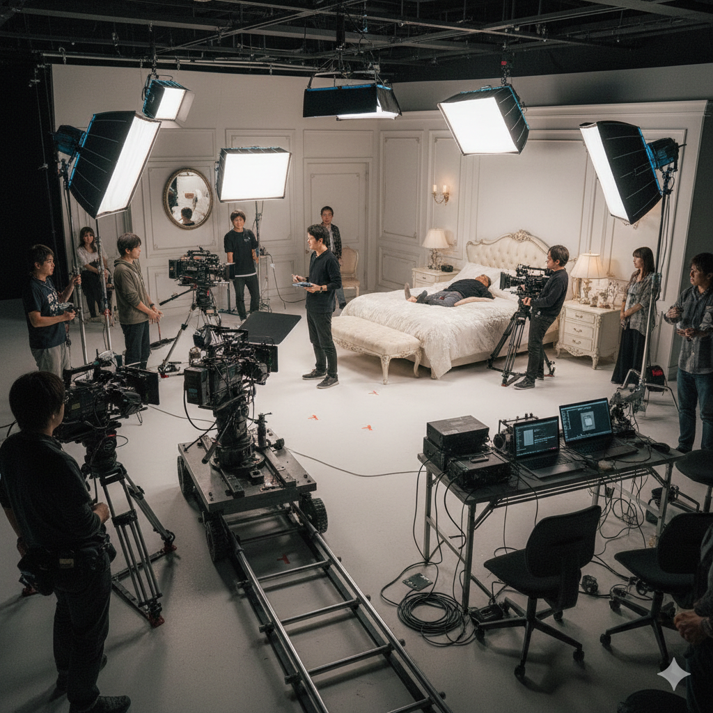 제작 현장의 전문성: 대형 조명 장비(Softbox), 여러 대의 전문 시네마 카메라, 그리고 모니터링 데스크는 일본 AV가 단순한 기록물이 아닌 철저히 계산된 '콘텐츠'임을 보여줍니다. 제작 현장의 전문성: 대형 조명 장비(Softbox), 여러 대의 전문 시네마 카메라, 그리고 모니터링 데스크는 일본 AV가 단순한 기록물이 아닌 철저히 계산된 '콘텐츠'임을 보여줍니다.