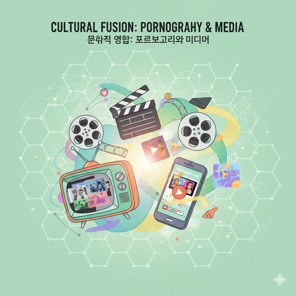 미디어 융합: 마지막 이미지는 TV, 영화, 스마트폰 등 다양한 매체 속에서 성인 콘텐츠가 대중 미디어 문화와 어떻게 융합되고 있는지를 밝은 톤으로 묘사하고 있습니다.
