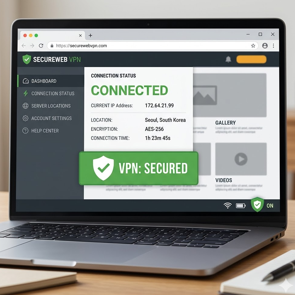 한국야동사이트 VPN 사용 화면 캡처, VPN 연결 상태와 안전 접속 표시가 보이는 이미지