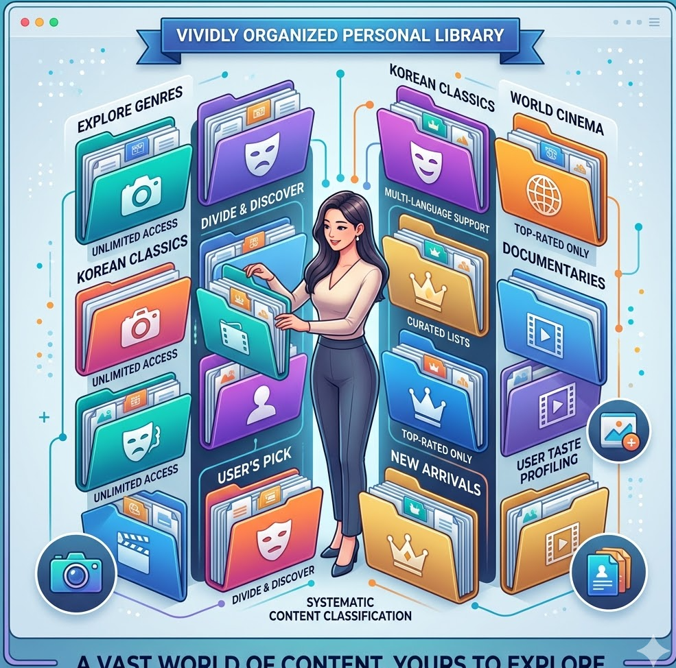 화려한 색상의 디지털 폴더들이 입체적으로 나열된 인포그래픽 이미지