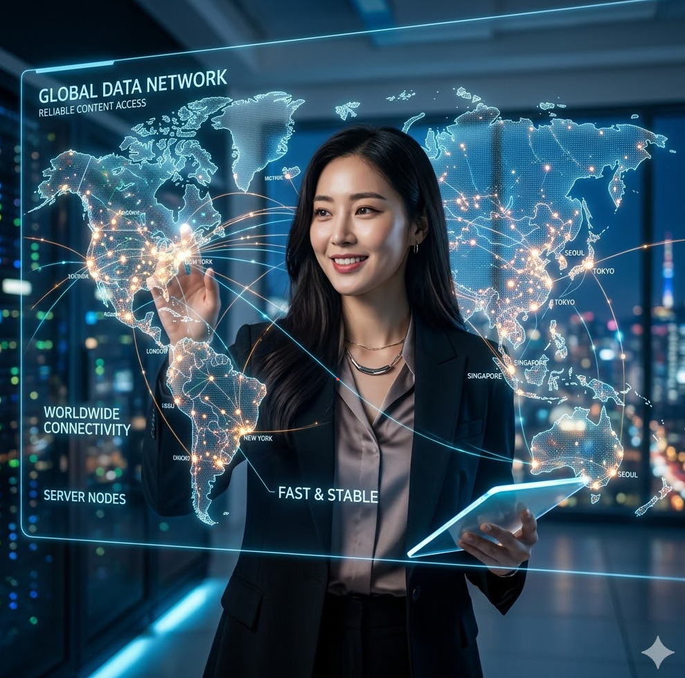 전 세계 서버 노드들이 빛의 선으로 연결된 디지털 지형도 이미지