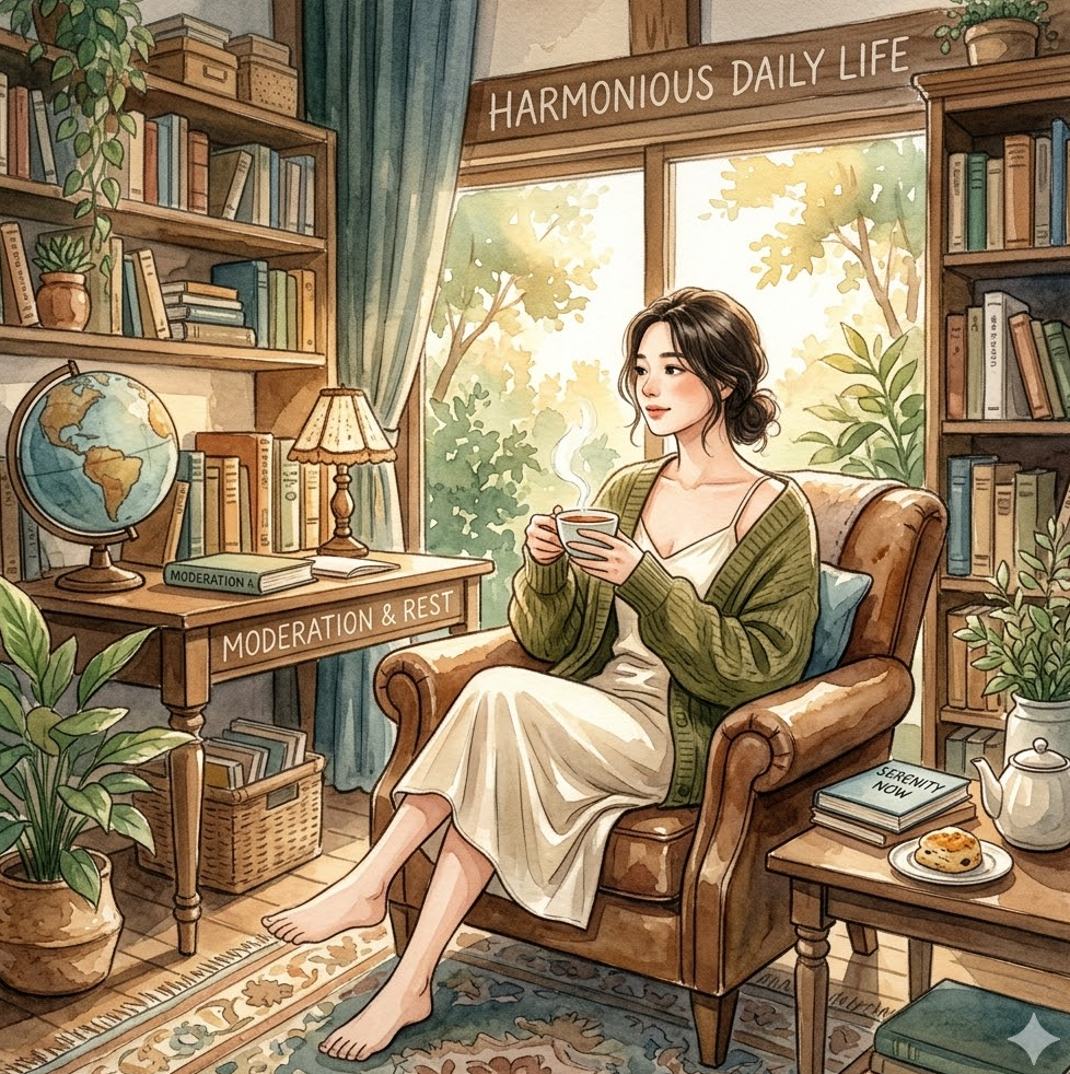 따뜻한 수채화 톤의 서재에서 차를 마시며 여유를 즐기는 일러스트