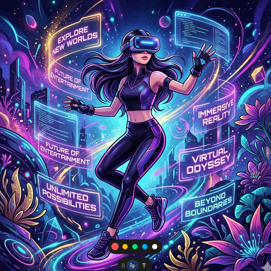 VR 기기를 착용하고 미래 지향적인 가상 공간을 탐험하는 유저 일러스트