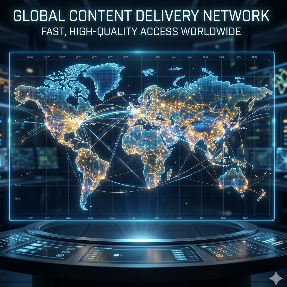 디지털 지도가 펼쳐진 위로 전 세계 서버 노드들이 빛나는 홀로그램 이미지