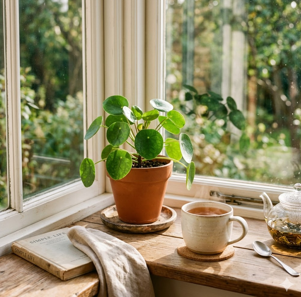 따뜻한 햇살이 비치는 창가에 놓인 녹색 식물과 차 한 잔의 여유로운 풍경 이미지