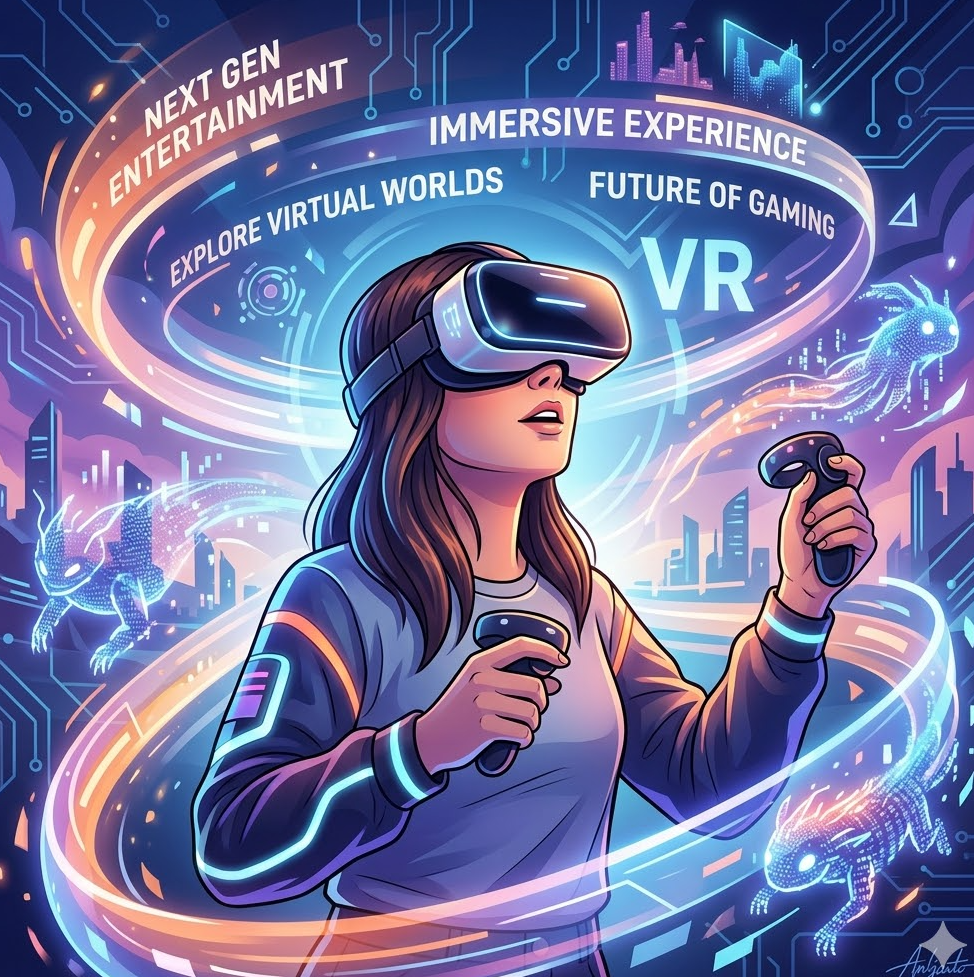 VR 헤드셋을 착용하고 미래형 콘텐츠를 즐기는 유저의 일러스트