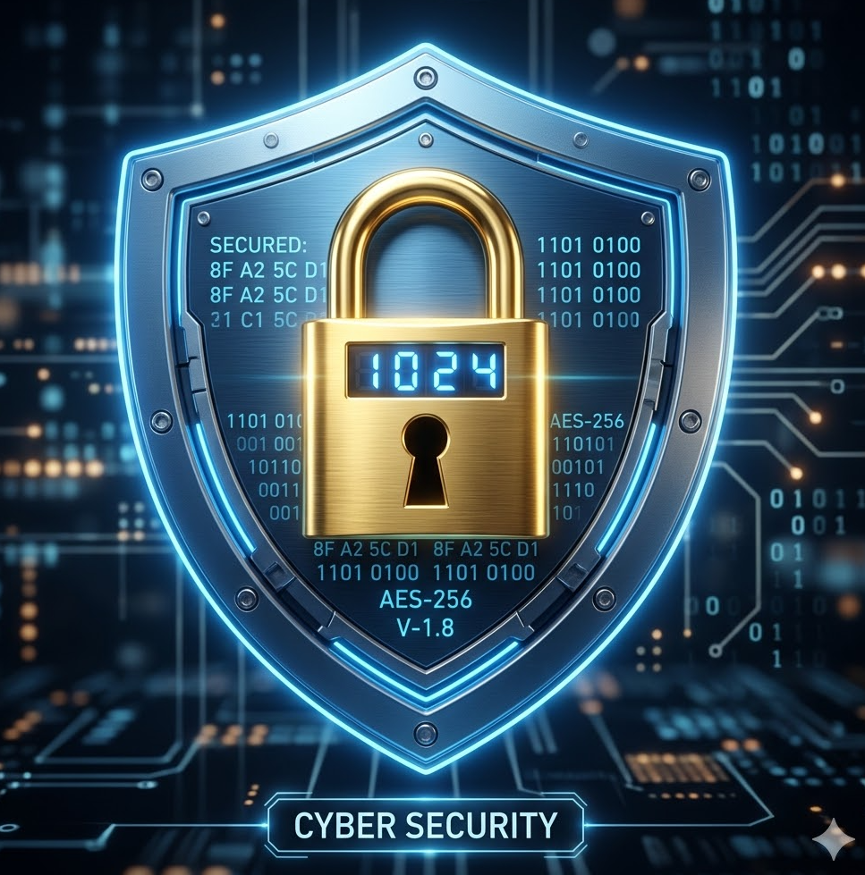 금색 자물쇠와 디지털 코드가 결합된 보안 방패 아이콘