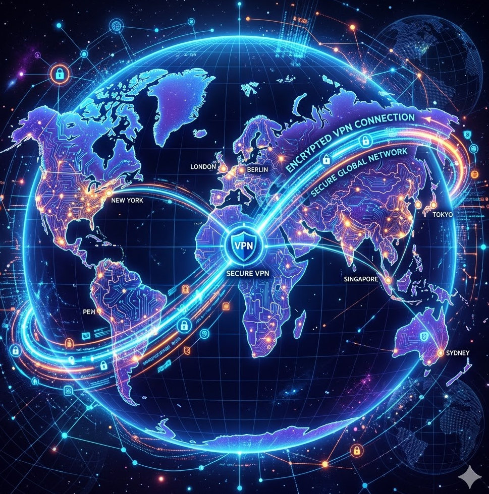  VPN 연결을 시각화한 화려한 디지털 세계 지도 이미지