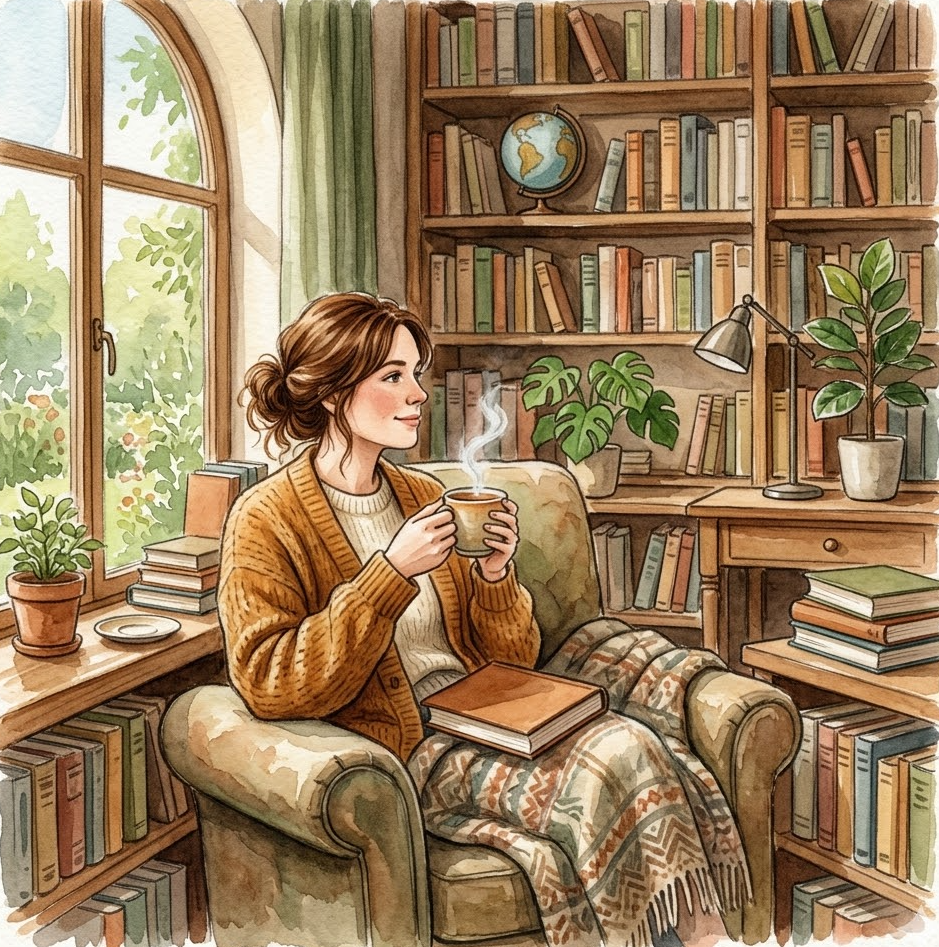 수채화 톤의 따뜻한 서재에서 차를 마시며 쉬는 모습