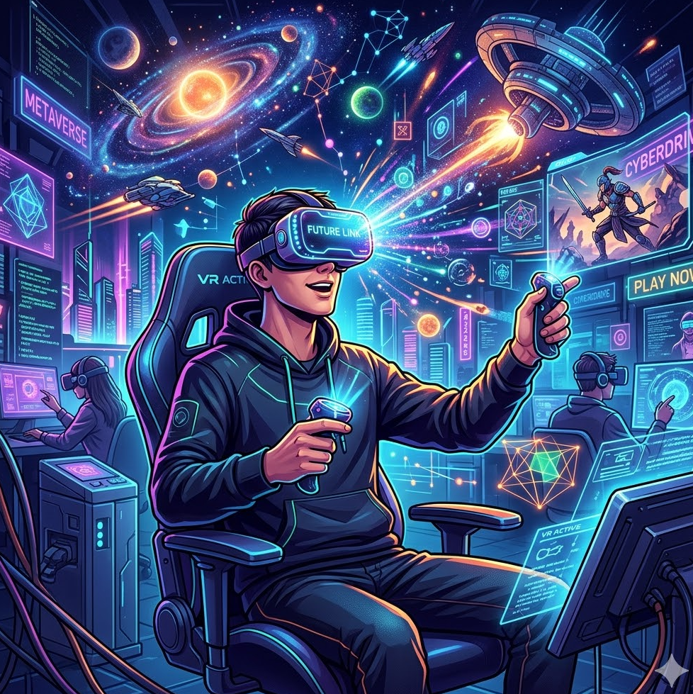 VR 헤드셋을 착용하고 미래형 콘텐츠를 즐기는 유저의 일러스트